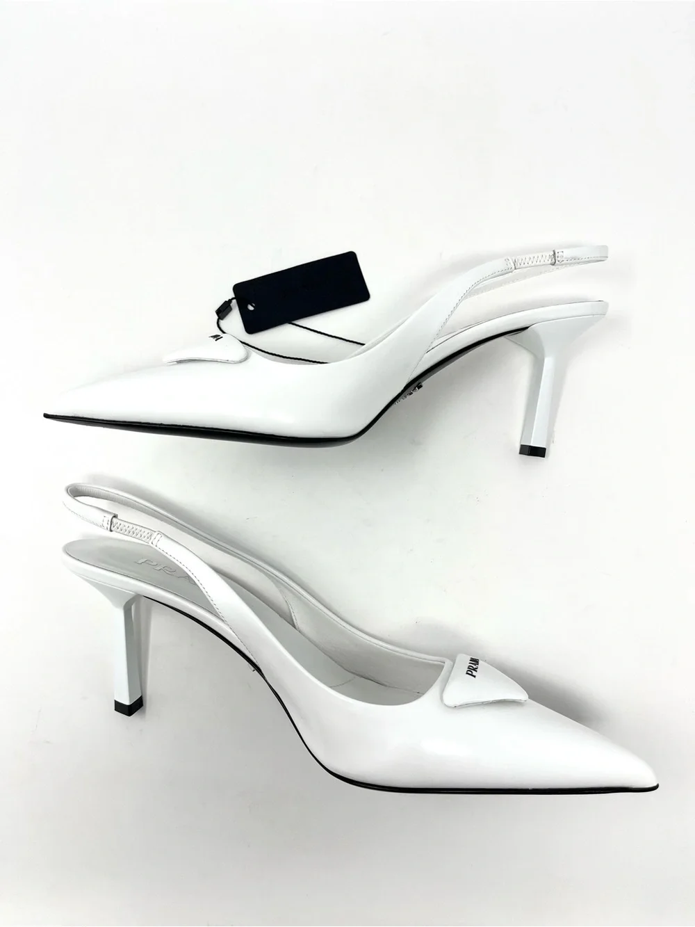 NEW Prada Triangle Logo White Brushed Leather Slingback High Heels Pumps 37 7